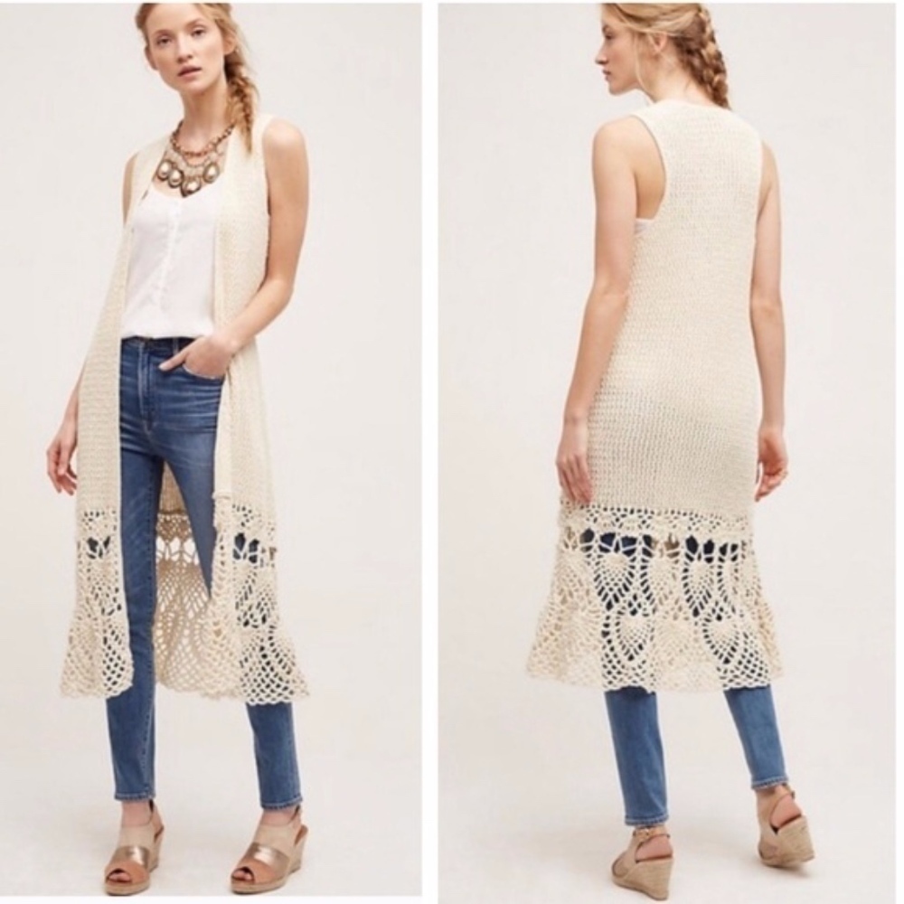 Hand Knit by Dollie Longline‎ Vest Cream Crochet Lace Hem Open Front Duster S